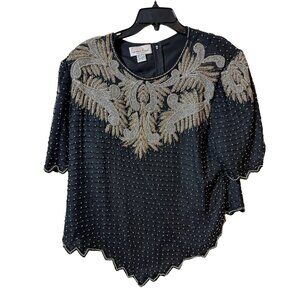 Vintage Laurence Kazar Silk Beaded Embellished Blouse Top 3X Black Evening Wear